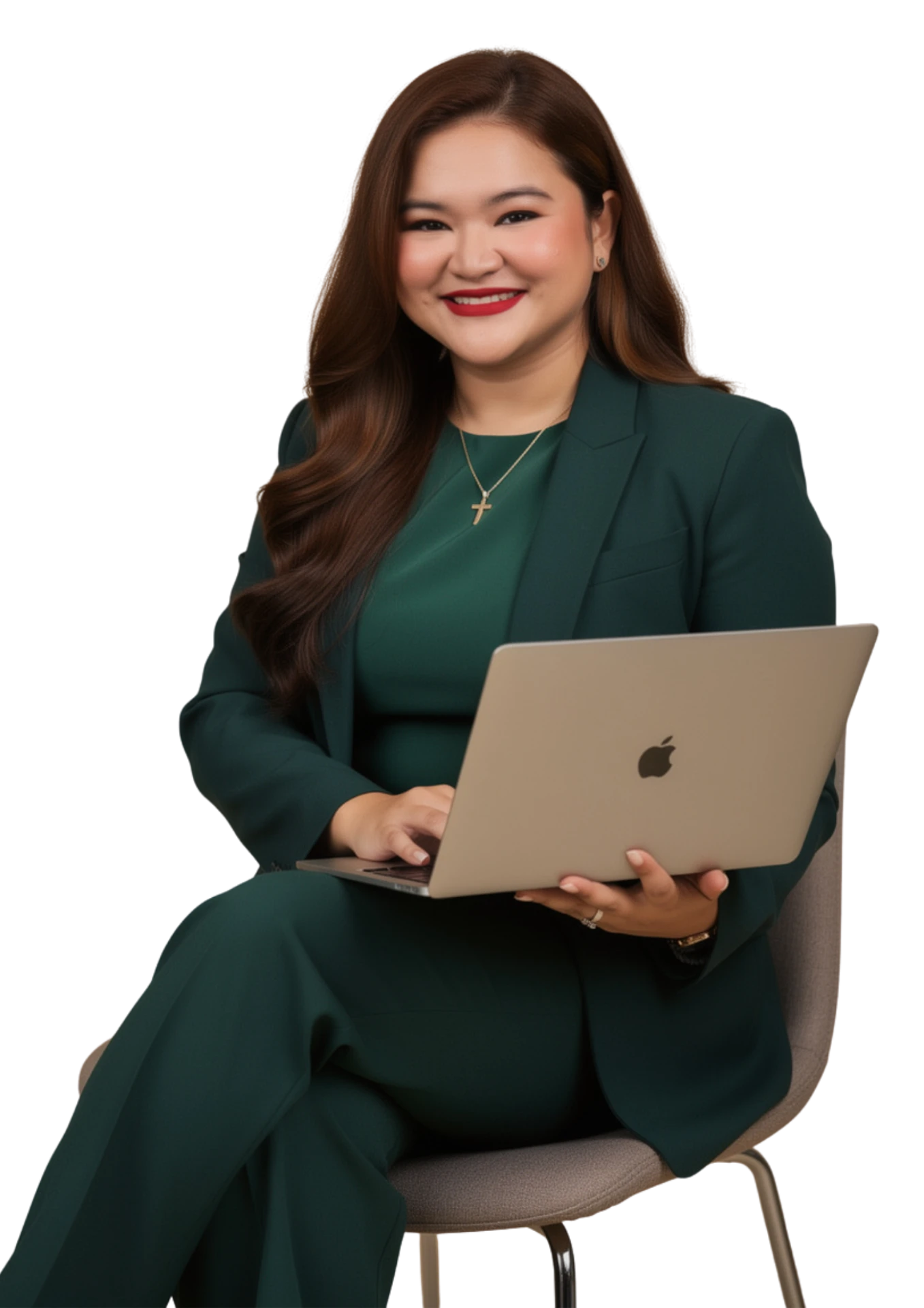 May Correa, digital business designer, seated with her laptop